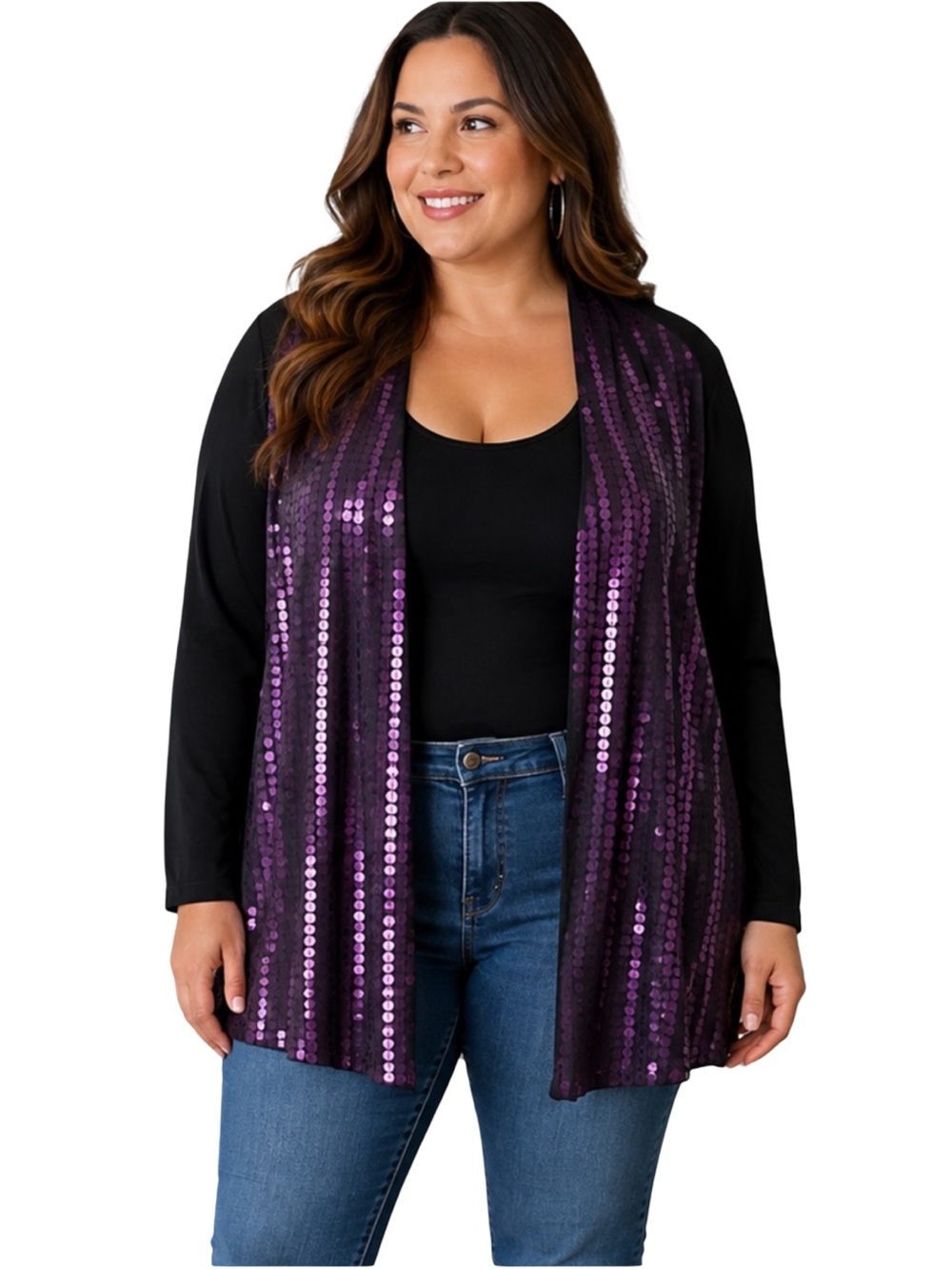 Chico's Travelers Lightweight Embellished Purple Sequin Open-Front Cardigan